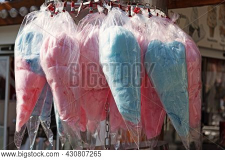 Pink And Blue Cotton Candy For Sale In A Street Stall