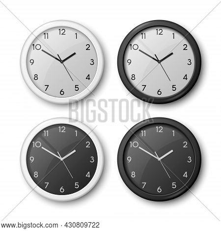 Vector 3d Realistic White, Black Wall Office Clock Icon Set Isolated. White Dial, Black Dial. Design