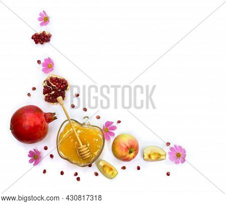 Honey In Glass Bowl, Red Apples, Garnets, Wooden Honey Dipper, Pink Flowers On A White Background Wi
