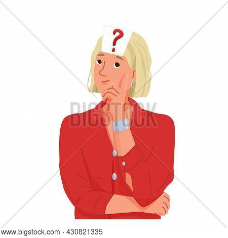 Thinking, Question, Doubt Concept Vector Illustration. Young Confused Woman With Large Problem Mark 