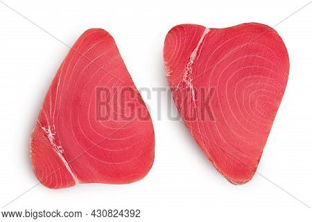 Fresh Tuna Fish Fillet Steak Isolated On White Background With Clipping Path. Top View. Flat Lay