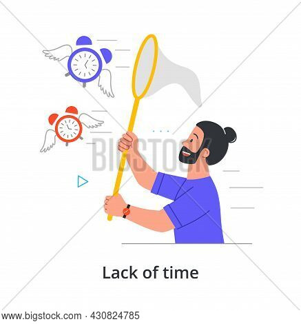 Smiling Male Character Is Trying To Catch Time Flying Away To Be On Time On White Background. Concep