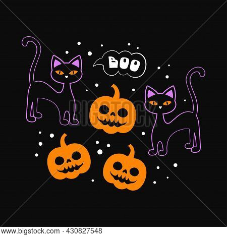 Halloween Vector Card, Orange Pumpkin, Cute Cartoon Character Violet Cat In Contur And Lettering Boo