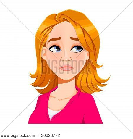Face Expression Of Beautiful Woman, Disappointed. Female Emotion. Cute Cartoon Character Blond Lady.