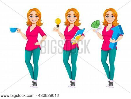 Successful Businesswoman. Cute Business Woman Cartoon Character, Set Of Three Poses. Stock Vector Il