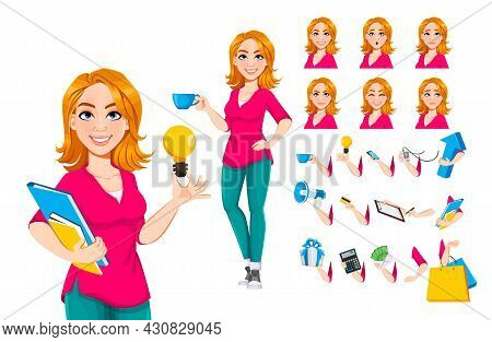 Successful Businesswoman. Cute Business Woman Cartoon Character, Pack Of Body Parts, Emotions And Th