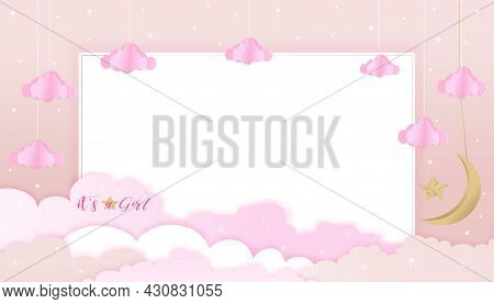 Baby Girl Shower Card On Pink Sky And Cloud Background,vector Cute Paper Art Origami Cloudscape, Cre