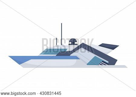 Water Speedboat. Ship Boat Side View Isolated On White Background. Fast Commercial Ship, For Ocean W
