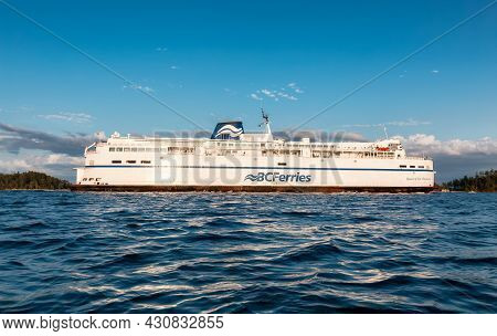 Victoria, Vancouver Island, British Columbia, Canada - August 16, 2021: Bc Ferries Boat Arriving To 