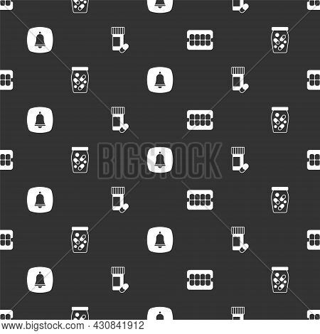 Set False Jaw, Medicine Bottle And Pills, Emergency Phone Call And On Seamless Pattern. Vector
