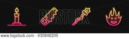Set Line Magic Staff, Burning Candle In Candlestick, Hand Saw And Fire Flame. Glowing Neon Icon. Vec