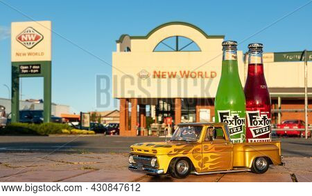 Foxton, Horowhenua, New Zealand 03.31.2019 Two Bottles Of Foxton Fizz On A Model Pickup Truck For Fo