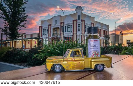 Foxton, Horowhenua, New Zealand 03.31.2019 One Bottle Of Genoese Pesto Drizzle On A Model Pickup Tru