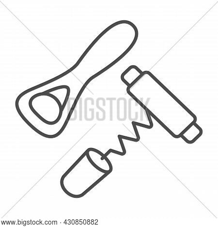Corkscrew And Bottle Opener Thin Line Icon, Bar Concept, Cork Screw And Can Opener Vector Sign On Wh