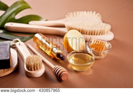 Bath And Beauty Spa Personal Hugiene Accessories On The Brown Background