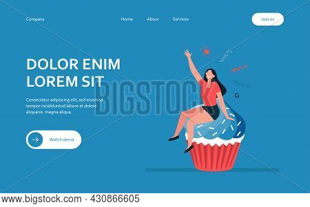 Happy Woman Enjoying Dessert. Cheerful Girl Sitting On Cupcake Flat Vector Illustration. Bakery, Pas