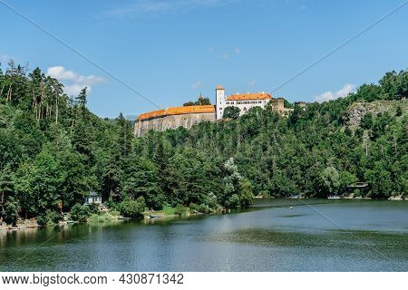 Bitov Castle On Steep Promontory Towering Above Meandering River Zeletavka,near Vranov Reservoir,cze