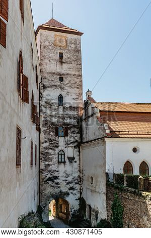 Bitov, Czech Republic - August 7,2021.castle On Steep Promontory Towering Above Meandering River Zel