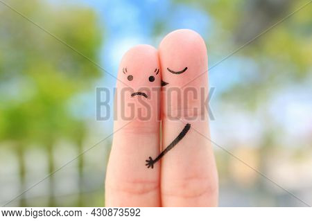 Fingers Art Of Couple. Concept Of Woman Doesn't Like The Man Who Loves Her.