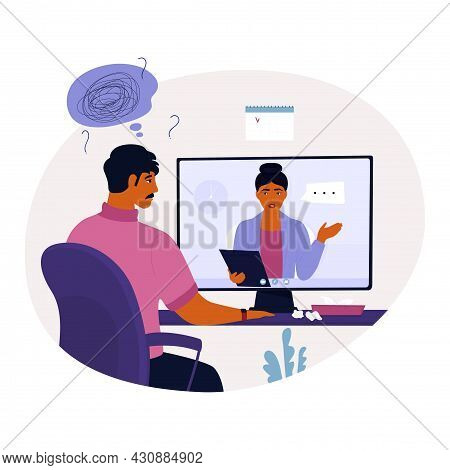 Psychologist Online. Indian Woman Psychotherapist Conducts A Therapy Session With A Patient. A Depre