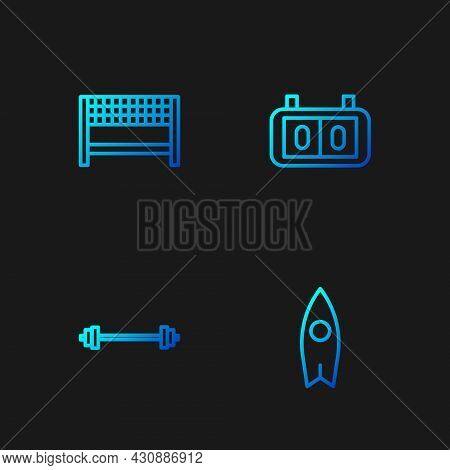 Set Line Surfboard, Barbell, Ribbon In Finishing Line And Sport Mechanical Scoreboard. Gradient Colo