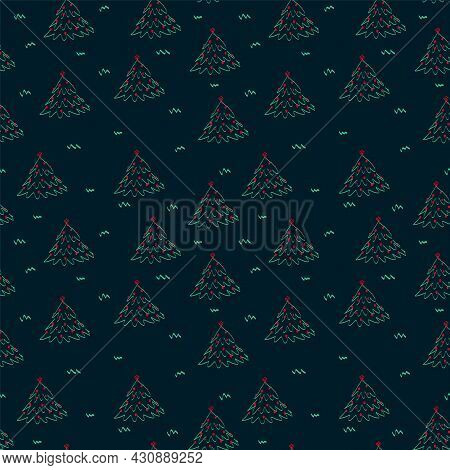 The Pattern Of The New Year With A Pine Forest. Modern Background Of Christmas Trees. Doodle Pattern