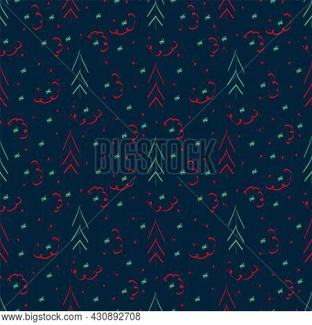 New Year Pattern With Christmas Trees And Snow Doodle. Modern Christmas Pattern. Abstract Pattern Fo