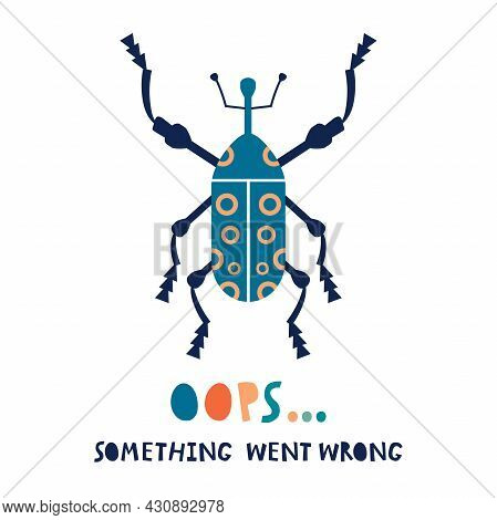 Colorful Beetle Icon And An Error Sign. Oops Something Went Wrong Illustration. Software Error Conce