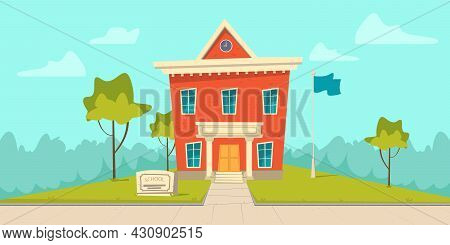 Bright Beautiful Flat Illustration Of School Building For Banner Or Poster Design. Vector Modern Sch