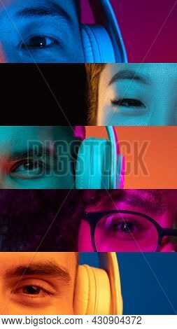 Vertical Composite Image Of Close-up Male And Female Eyes Isolated On Colored Neon Backgorund. Multi