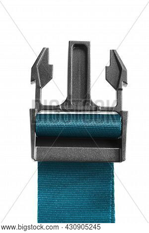 Plastic Fastex Buckle On Blue Textile Belt Closeup On White Background