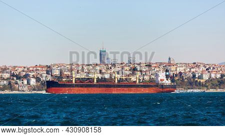 The Tanker Ship Crosses The Bosporus On The Background Of Uskudar