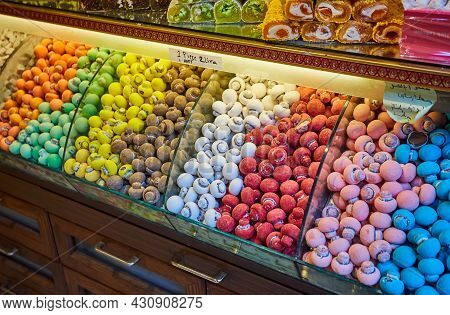 Traditional Turkish Delights Sweets At The Grand Bazaar In Istanbul, Turkey.