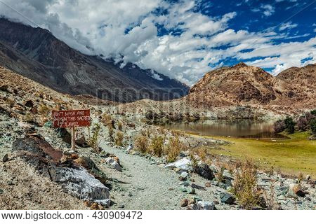 Lohan Tso mountain lake - sacred holy Tibetan buddhist buddhism piligrimage site. Nubra valley, Ladakh, India