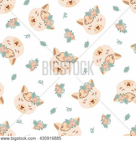 Seamless Pattern With Cute Fox And Bouquet Pink And Blue Flowers. Background With Wild Animals In Fl
