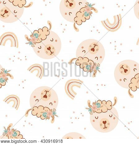 Seamless Pattern With Cute Llama, Rainbow And Bouquet Flowers. Background With Wild Animals In Flat