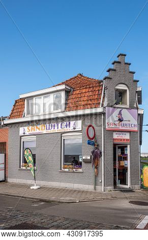 Zonnebeke, Belgium - August 2, 2021: Closeup Of Small Take-out Restaurant Sandwitch Traditional Hous
