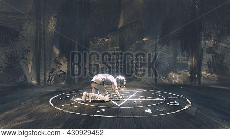 A Child Drawing The Evil Pantagram A Symbol Of Demon On The Ground, Digital Art Style, Illustration 