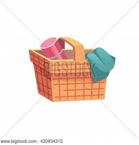 Vector Cartoon Flat Wicker Picnic Basket With Thermos And Blanket Isolated On Empty Background-summe