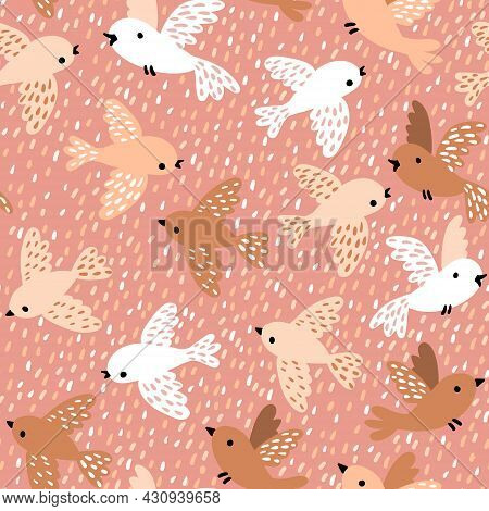 Seamless Pattern With Cute Birds In A Hand-drawn Style. Beige, White, Brown Birds Fly On A Single Ba
