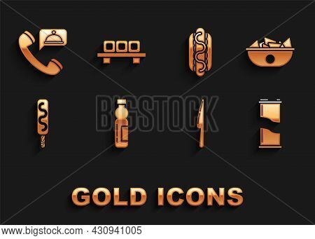 Set Bottle Of Water, Nachos In Plate, Soda Can, Knife, Ice Cream, Hotdog Sandwich With Mustard, Food