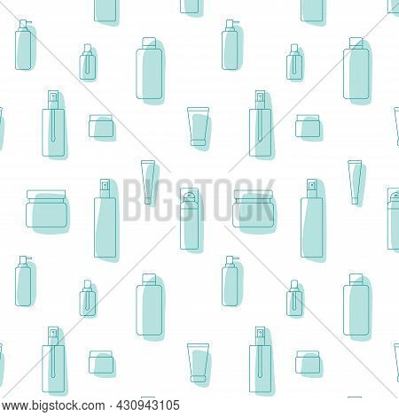 Cosmetic Product Package Icon Seamless Pattern - Bottle, Jar, Plastic Container For Beauty Industry.