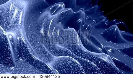 3d Render. Stylish Festive Black Bg. Fantastical Abstract Background, Waves On Glossy Surface Like L