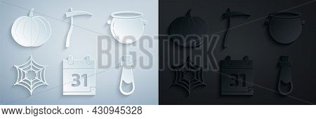 Set Calendar With Halloween Date 31 October, Witch Cauldron, Spider Web, Bottle Potion, Scythe And P