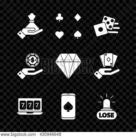 Set Hand Holding Money Bag, Playing Cards, Game Dice, Online Slot Machine With Lucky Sevens Jackpot,