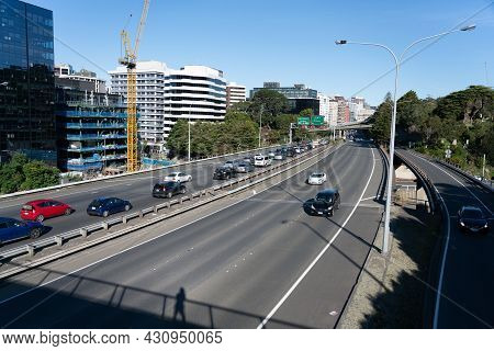 Wellington New Zealand - July 31 2021; Queued Cars Waiting At Arrival Of Downtown City On Highway Wi