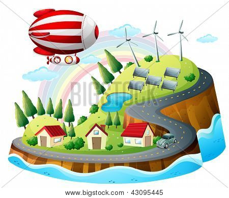 Illustrazione della vista del quartiere con un dirigibile