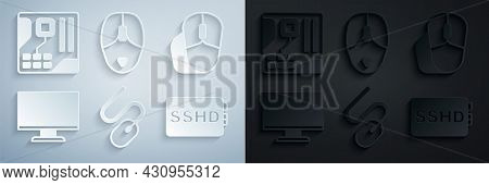 Set Computer Mouse, Monitor Screen, Sshd Card, And Motherboard Digital Chip Icon. Vector