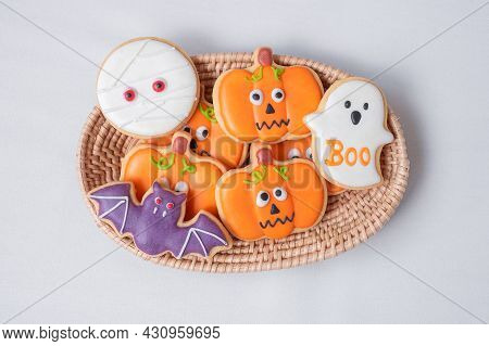 Halloween Funny Cookies In Wooden Basket. Trick Or Threat, Happy Halloween, Hello October, Fall Autu