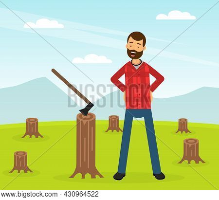 Bearded Man Lumberjack In Red Checkered Shirt Working With Wood Chopper And Lumber Vector Illustrati